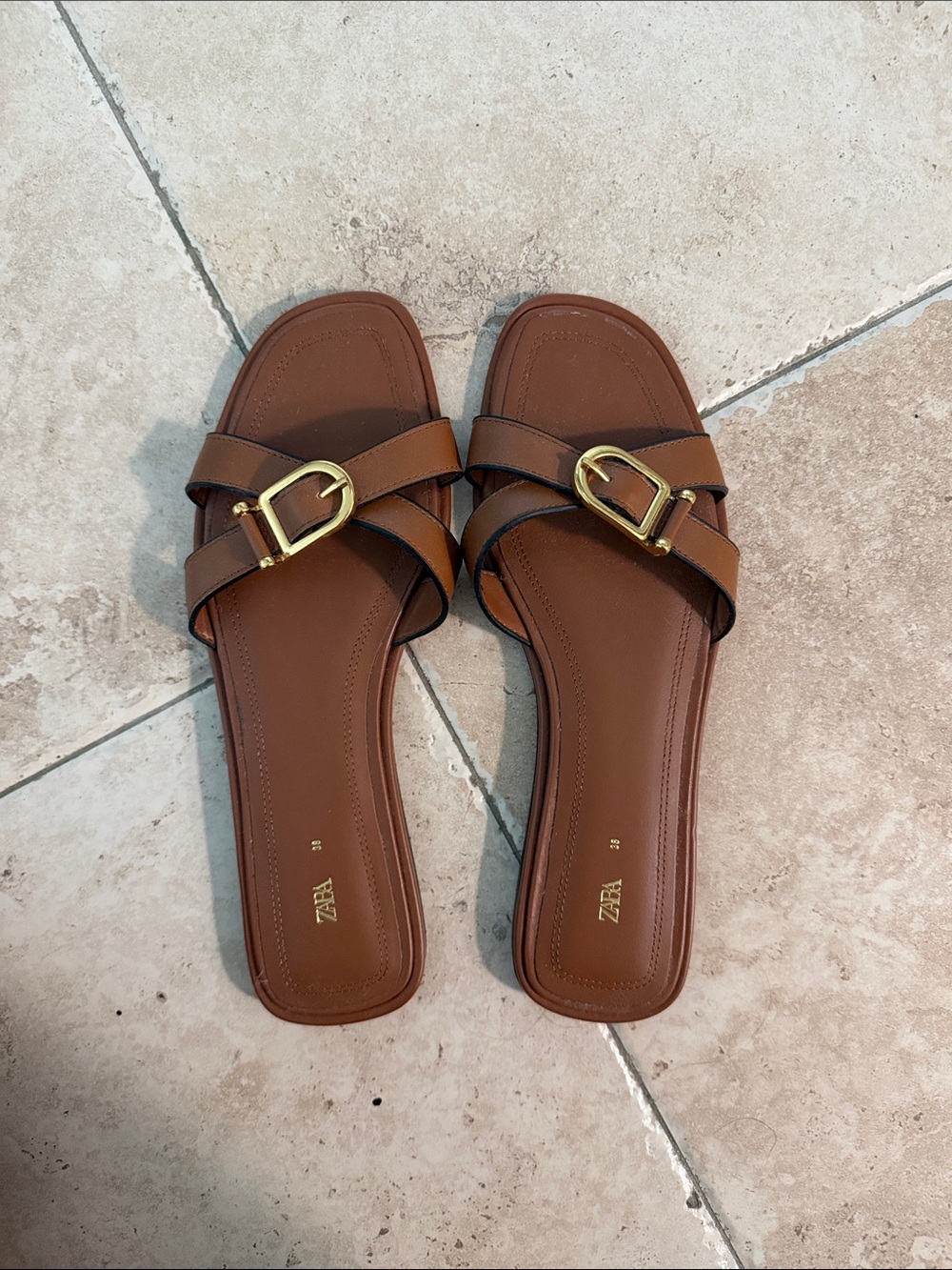 Zara Tan Leather Slide Sandals with Gold Buckles - Picture 1 of 7